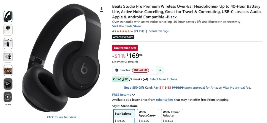 The Sinclair badge reading INFLATED next to a limited time deal on Amazon