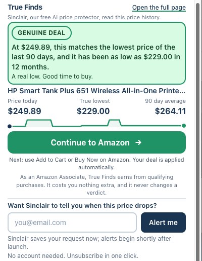 Sinclair showing a GENUINE DEAL verdict with the price history of an HP printer on Amazon